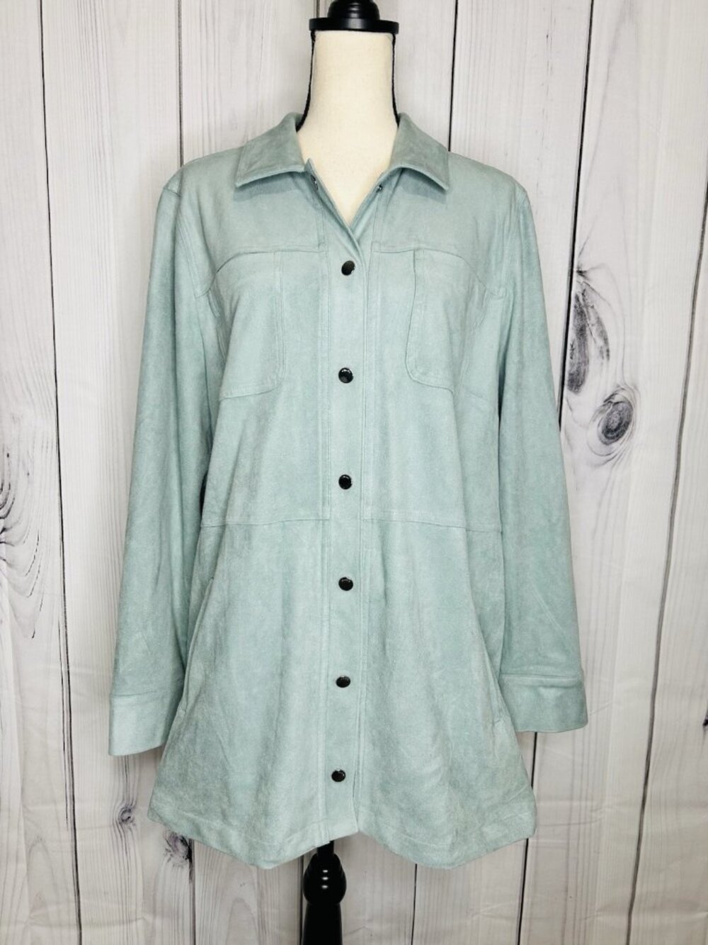 Chicos Pale Blue Suede Jacket Shacket Sz 3 (16/18) Snap Up Pockets